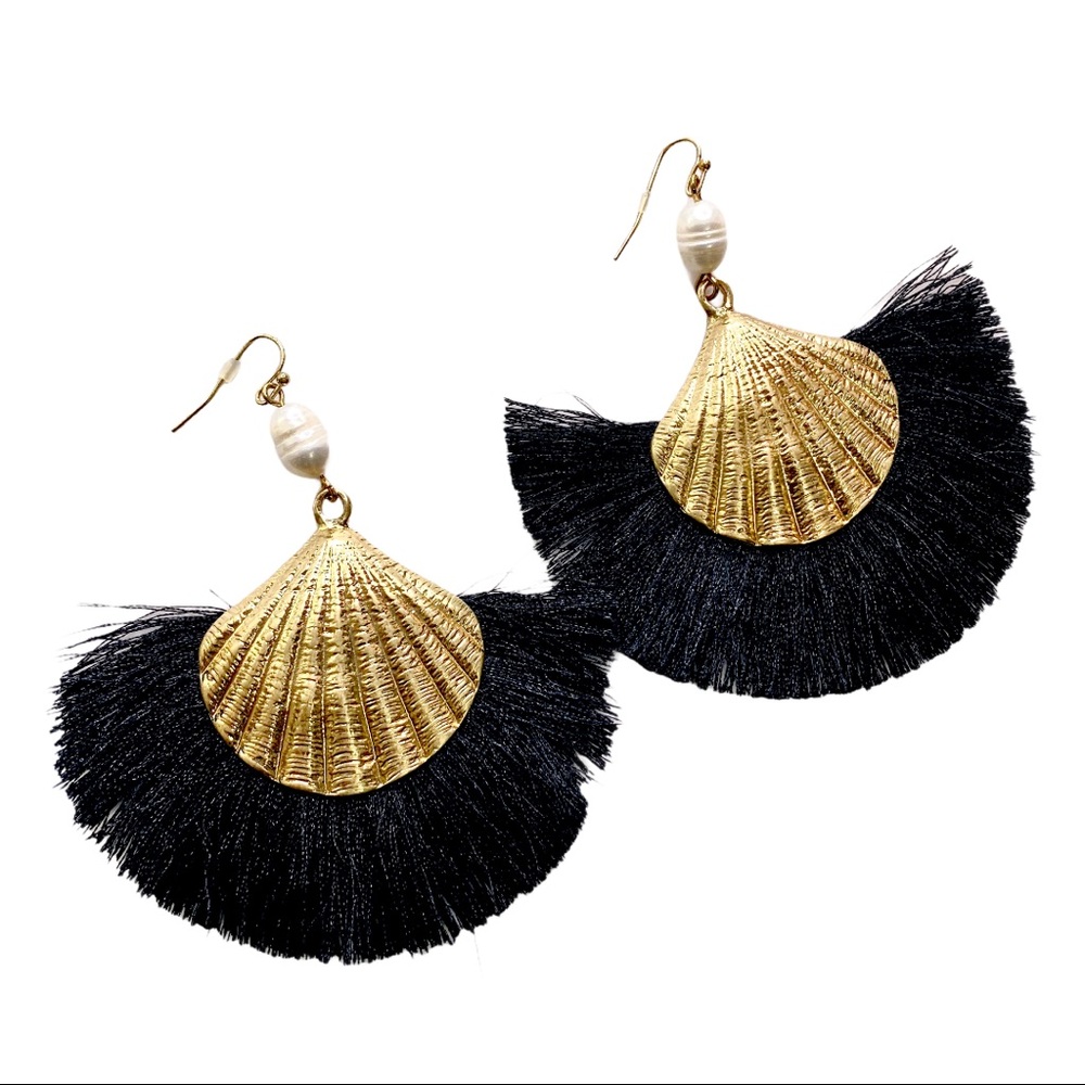 Gold & Black Seashell Tassel Earrings